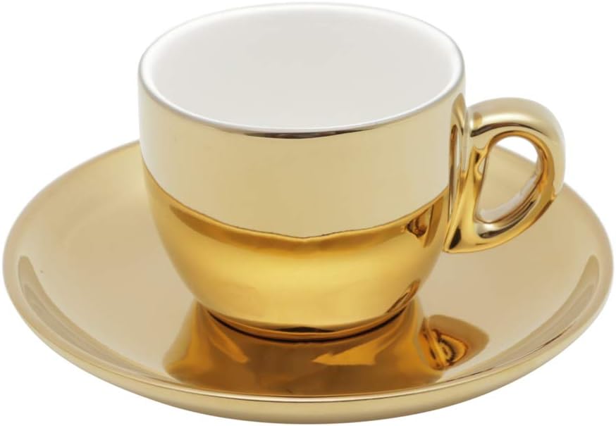 Conjunto 6 Xícaras de Café de Porcelana com Pires e Suporte Versa Branco/Dourado 90ml - Wolff