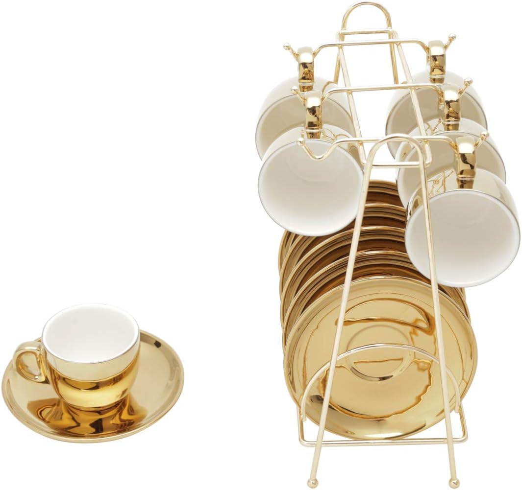 Conjunto 6 Xícaras de Café de Porcelana com Pires e Suporte Versa Branco/Dourado 90ml - Wolff