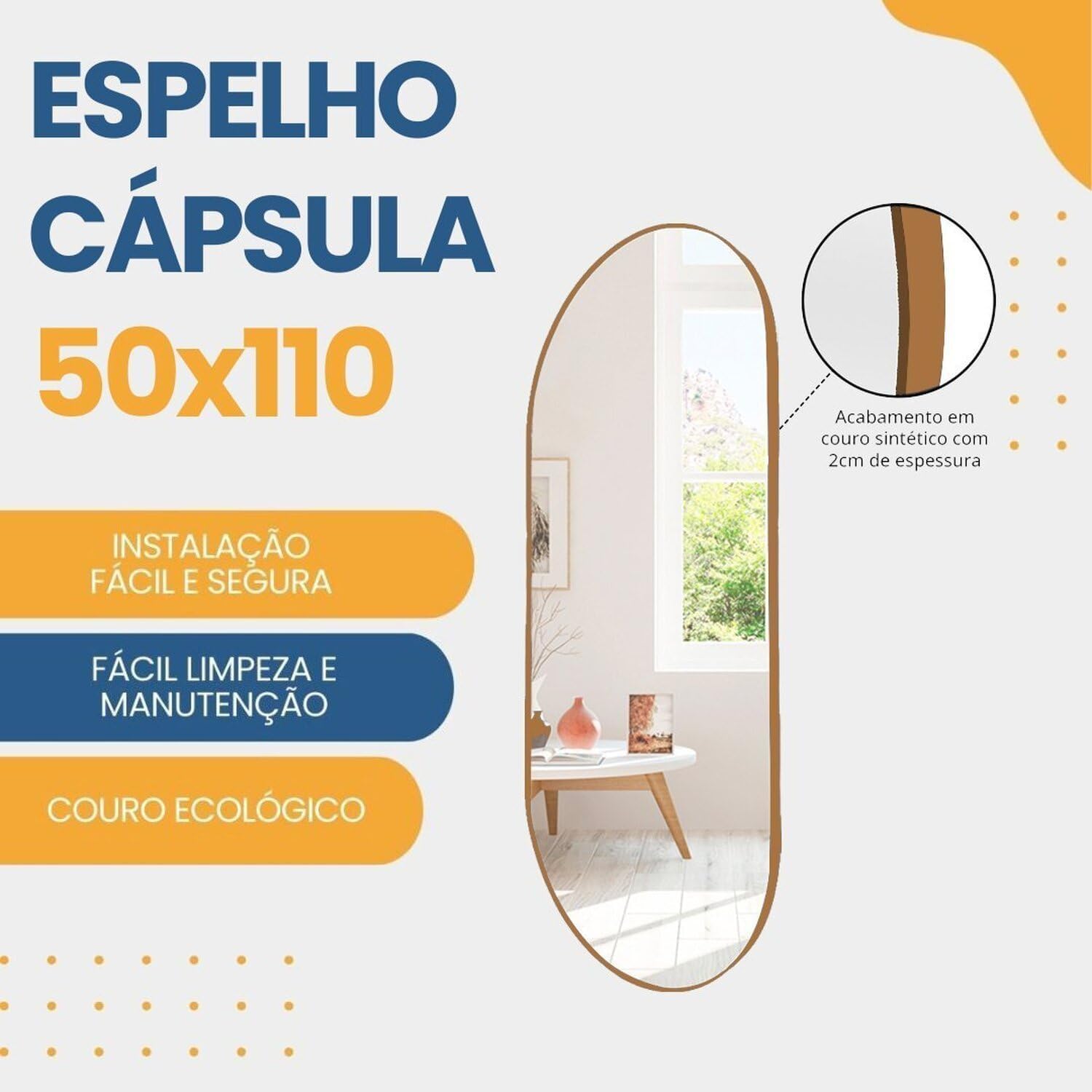 Espelho Decorativo modelo Cápsula de 110x50 com Suporte para Parede Caramelo