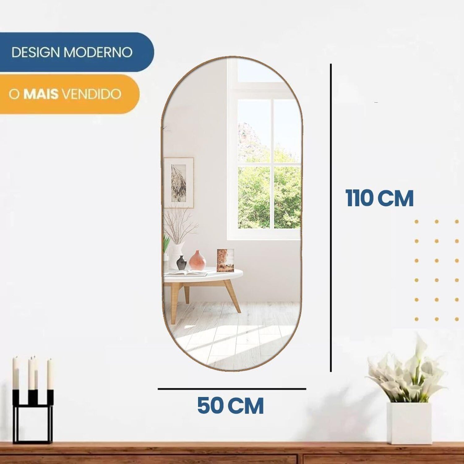 Espelho Decorativo modelo Cápsula de 110x50 com Suporte para Parede Caramelo