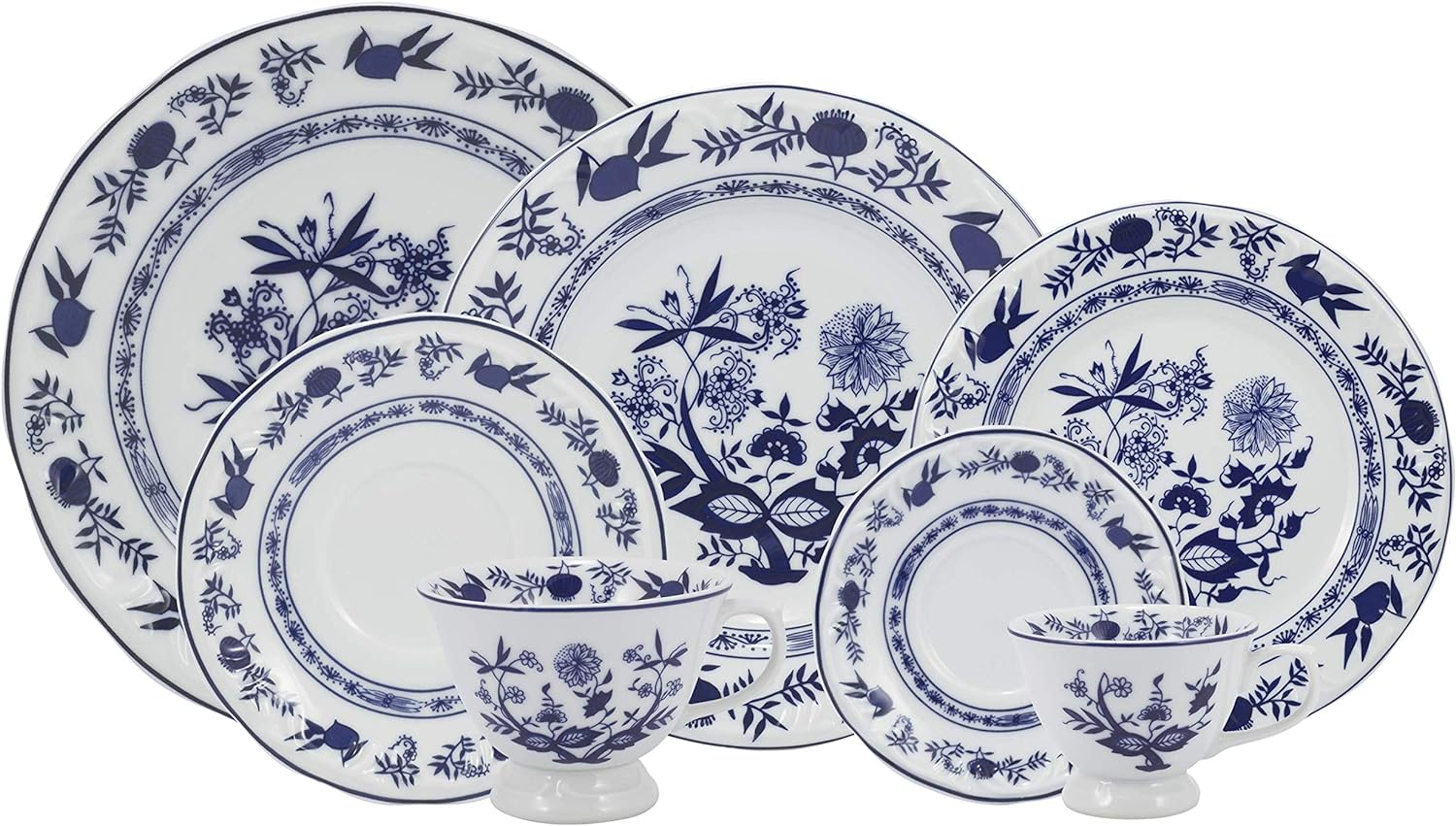 Serviço de Jantar Chá e Café 42 Peças em Porcelana, Com Relevo Pomerode, Decoração Cebolinha Azul - Porcelana Schmidt