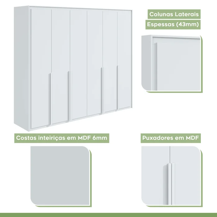 Guarda-Roupa 6 Portas 6 Gavetas 100% Mdf Detroid Branco