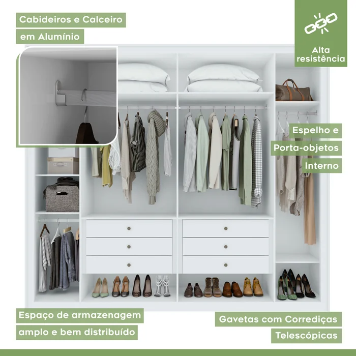 Guarda-Roupa 6 Portas 6 Gavetas 100% Mdf Detroid Branco