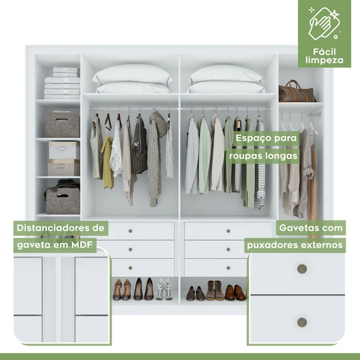 Guarda-Roupa 6 Portas 6 Gavetas 100% Mdf Detroid Branco