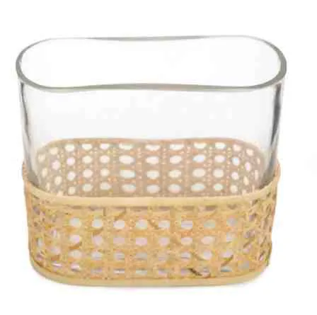 Vaso em Vidro e Base Rattan 15x16,5x6cm